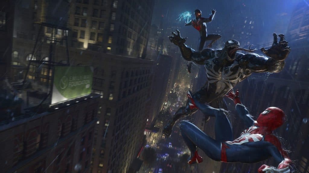 Spider-Men luchando contra Venom en Marvel's Spider-Man 2