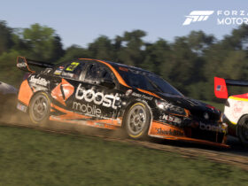 Dented car racing on a dirt in Forza Motorsport