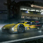 A yellow car racing at night in Forza Motorsport