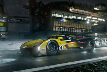 A yellow car racing at night in Forza Motorsport