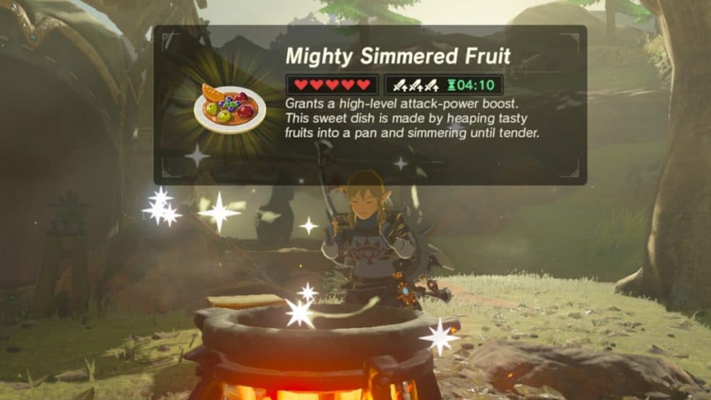 Link parado frente a una olla, cocinando fruta en Zelda Breath of the Wild