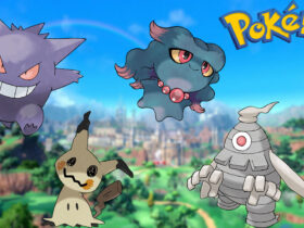 Four Ghost-type Pokemon in a Pokemon Scarlet and Violet background