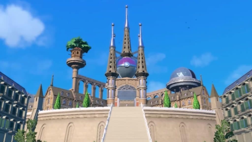 edificio de la liga violeta escarlata de pokemon