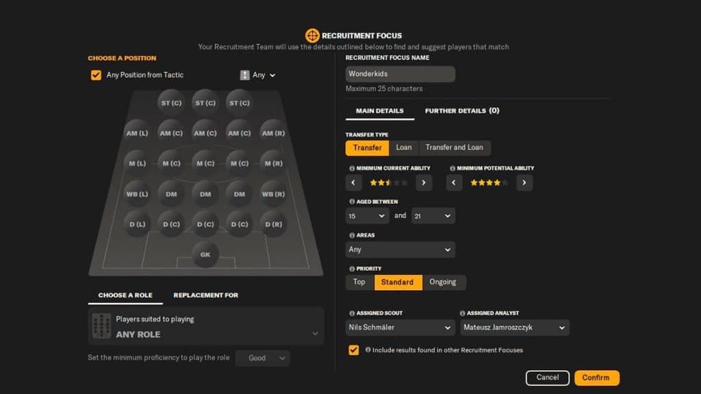 HUD de enfoque de reclutamiento en Football Manager 2024