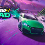 Car taking a turn in The Crew 2 with MAD update logo and purple tint