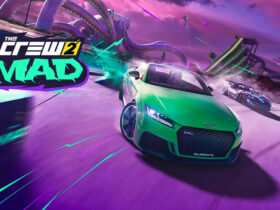 Car taking a turn in The Crew 2 with MAD update logo and purple tint