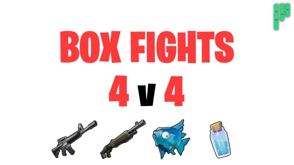 Algunas armas, un Slurpfish y una poción de escudo en la portada de Box Fights.