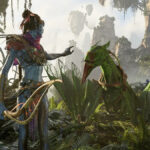 Avatar: Frontiers of Pandora characters petting a dinosaur