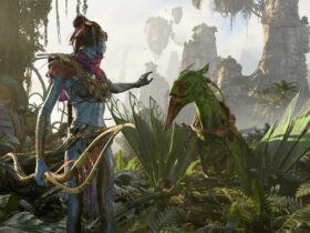 Avatar: Frontiers of Pandora characters petting a dinosaur