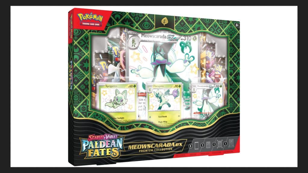 Caja de coleccionistas Meowscarada de Paldean Fates Pokémon TCG.