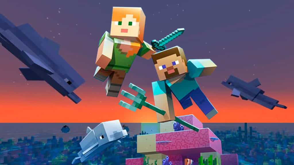 Arte de Minecraft con Alex y Steve nadando junto a algunos peces.