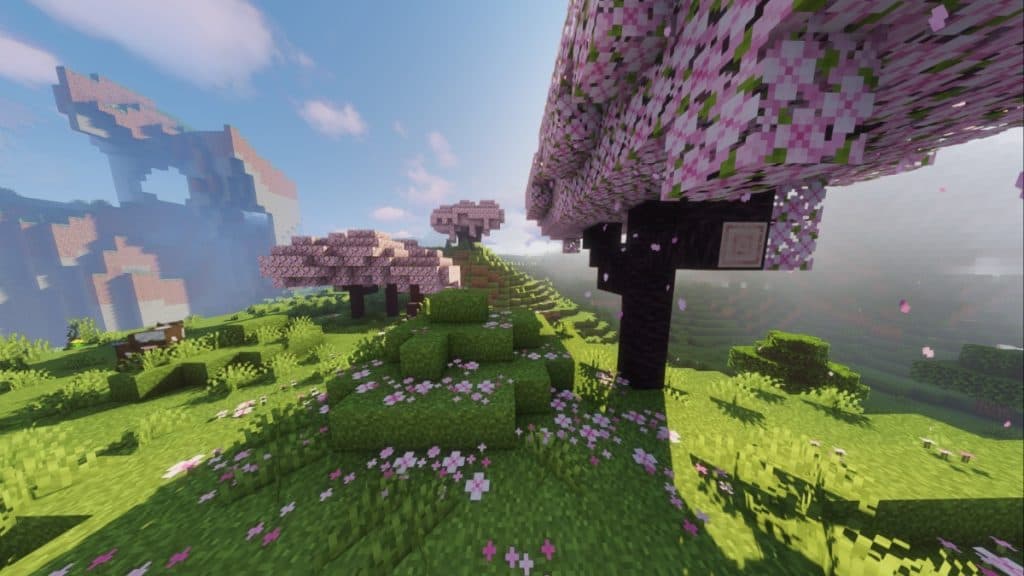 Cerezos en flor en un bioma de Cherry Grove en Minecraft.