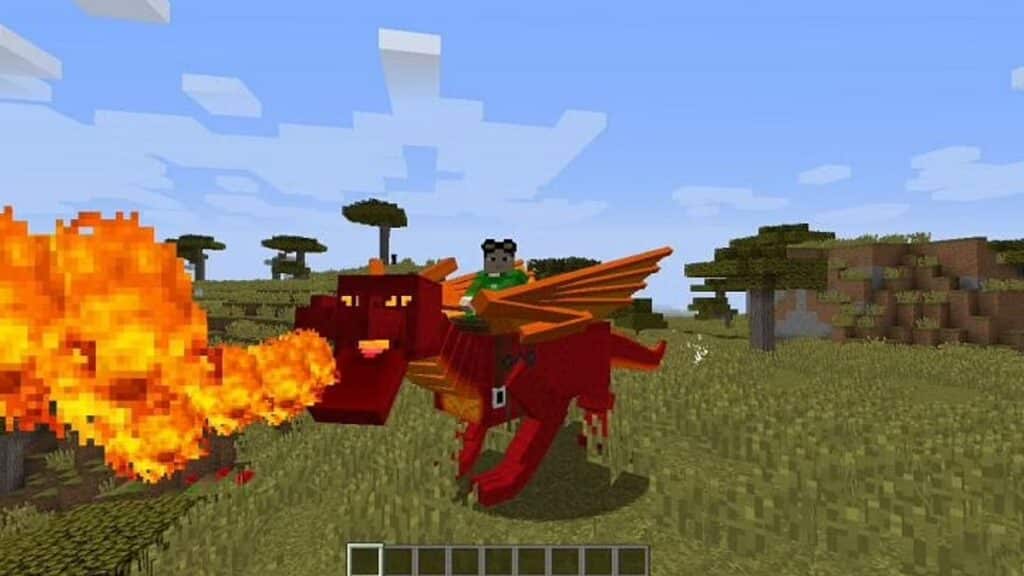 Jugador montando un Ender Dragon en un juego de Minecraft modificado