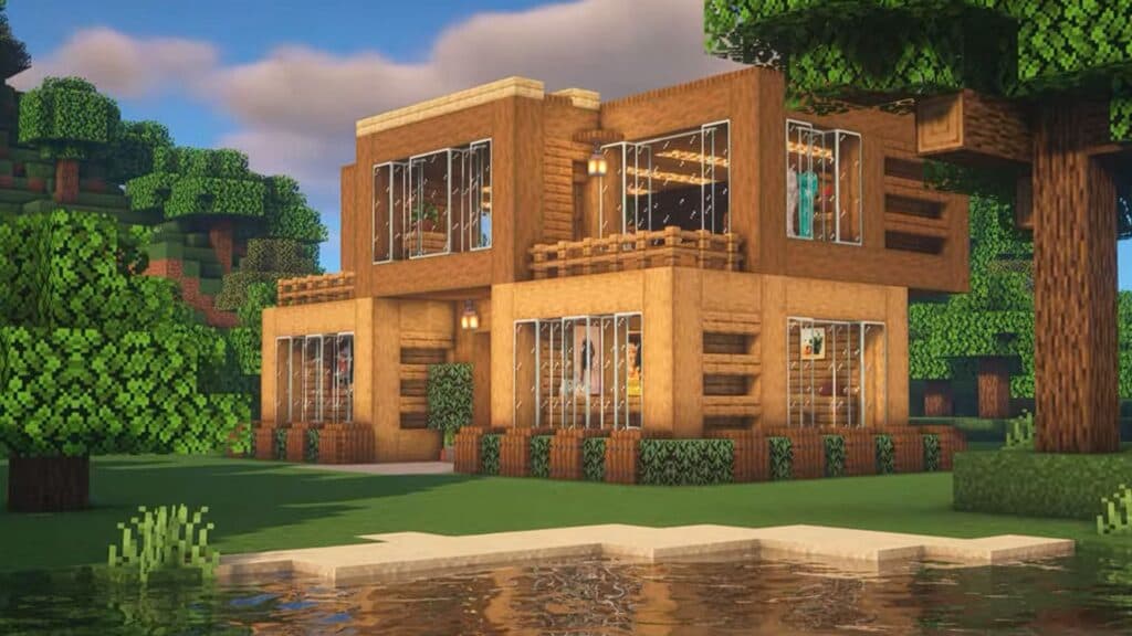 Diseño de casa moderna de madera en Minecraft.