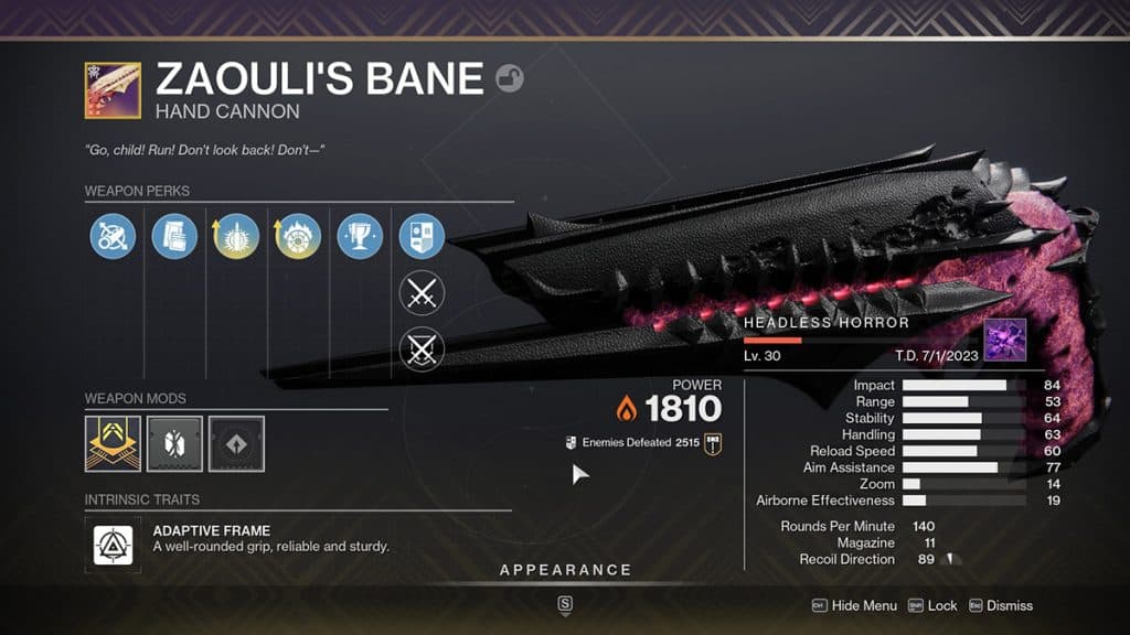 Cañón de mano Bane de Zaouli Destiny 2