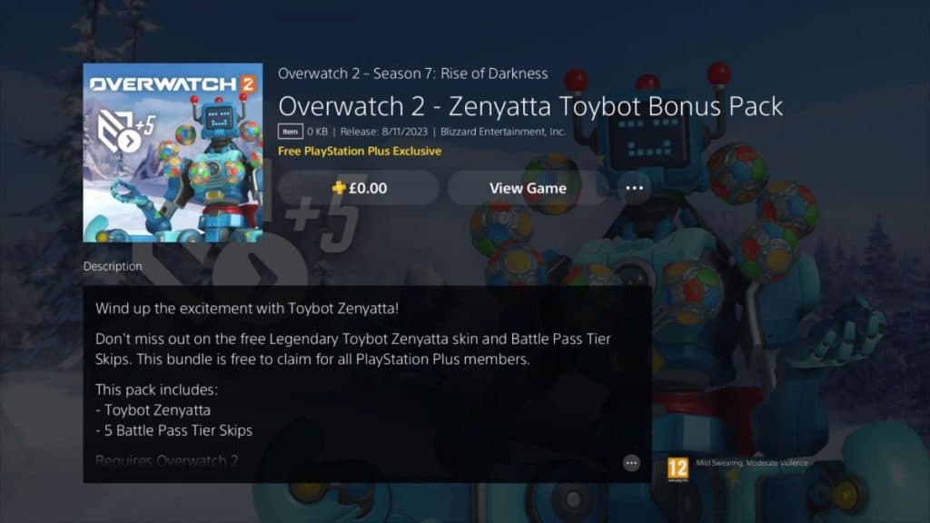 Paquete de bonificación OW2 Zenyatta Toybot en PS Store.