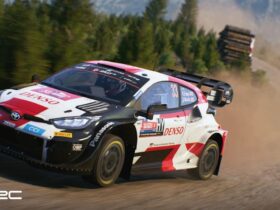 A driver takes a turn with their codriver in ea sports wrc