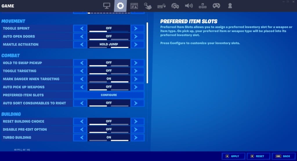 Menú de configuración del juego de Fortnite