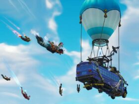 fortnite players jumping out of the battle bus