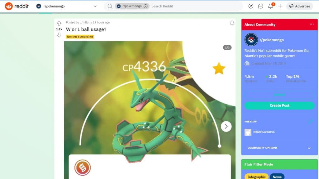 Captura de pantalla de la publicación de Reddit del usuario m8utty que muestra a su hundo Rayquaza en Pokémon Go