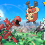 Four Bug-type Pokemon in a Scarlet and Violet background