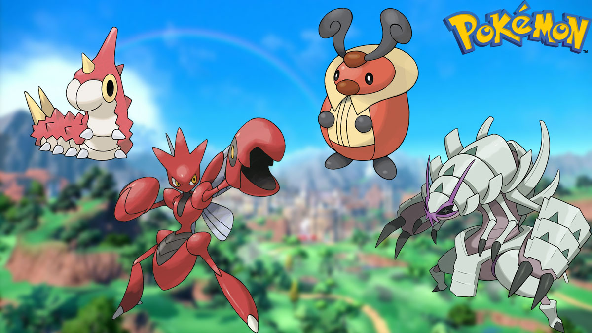 Four Bug-type Pokemon in a Scarlet and Violet background