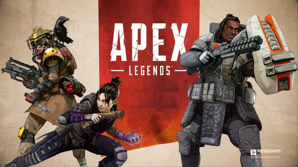 Tres personajes de Apex Legends posando con armas.