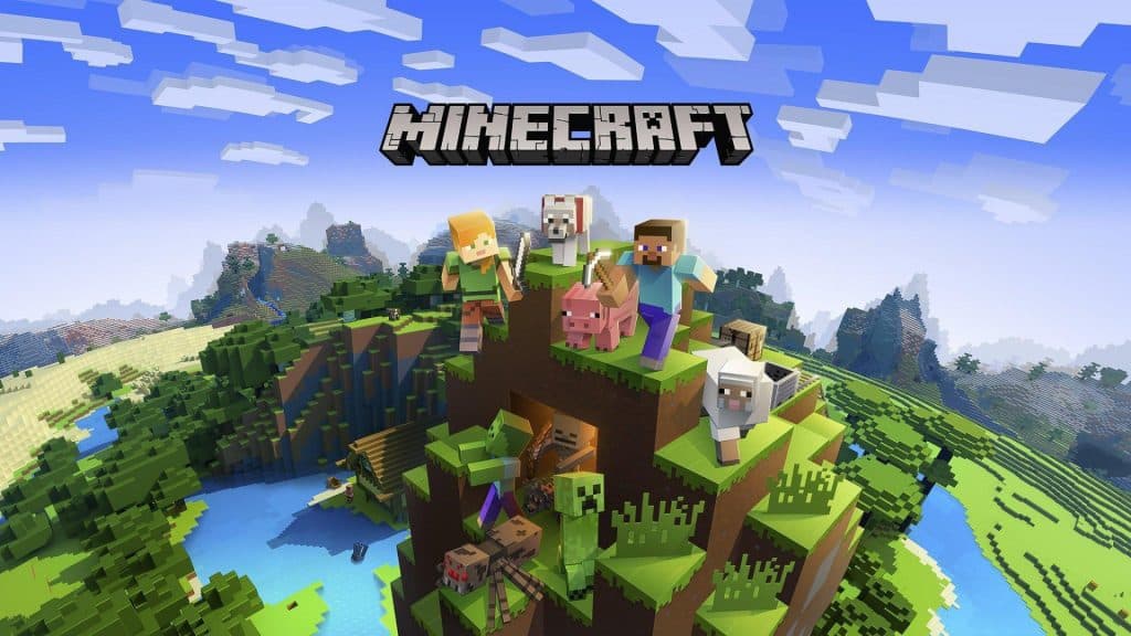 Obra de arte oficial de Minecraft con Steve, Alex y algunos animales y mobs en una colina.