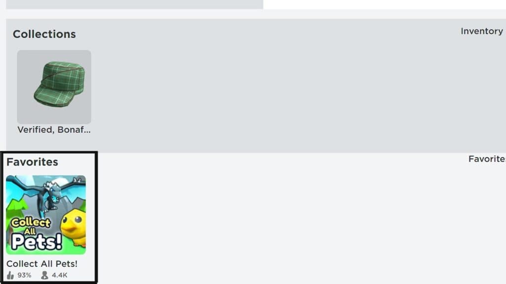 Sección de favoritos en el perfil de un jugador de Roblox