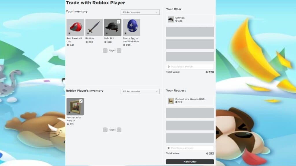 Pantalla de comercio de Roblox