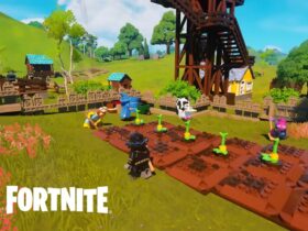 Villagers working on a garden in LEGO Fortnite