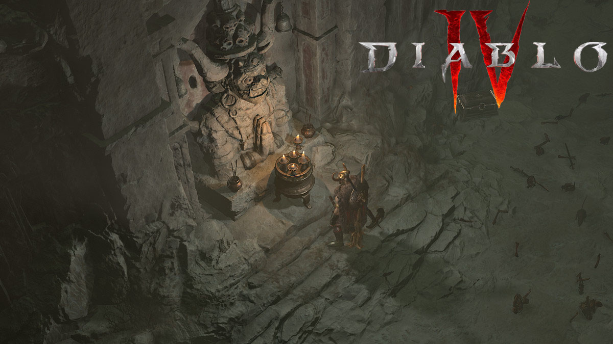 Diablo 4 character standing in front of a statue