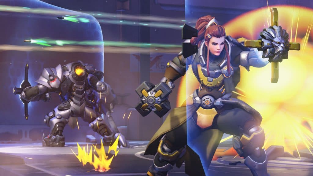 Brigitte y Reinhardt en Overwatch con sus escudos levantados