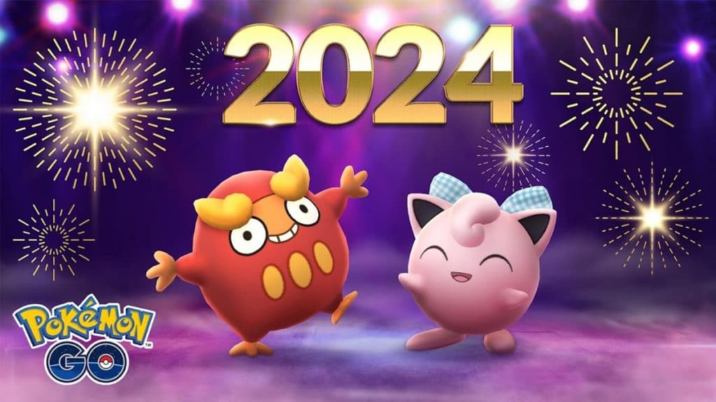 Imagen promocional del evento de Año Nuevo 2024 de Pokémon Go con Darumaka y Jigglypuff