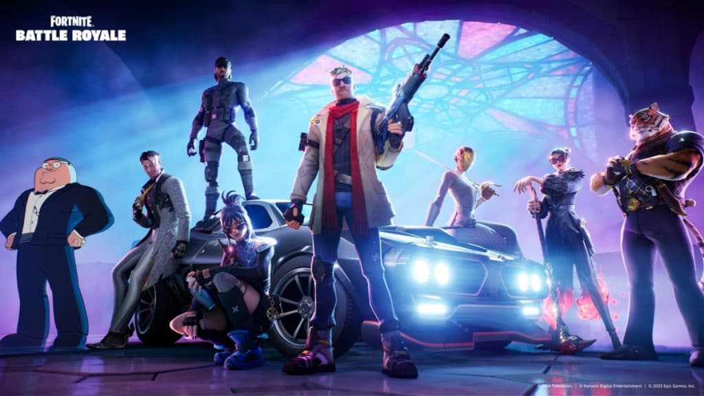 Personajes de Fortnite parados frente y alrededor del nuevo diseño de Auto en el Capítulo 5 Temporada 1