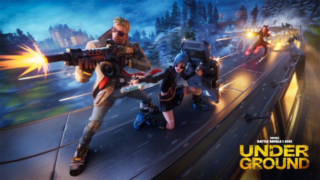 Póster de lanzamiento de la temporada 1 del Capítulo 5 de Fortnite con personajes montados en lo alto de un tren y disparando