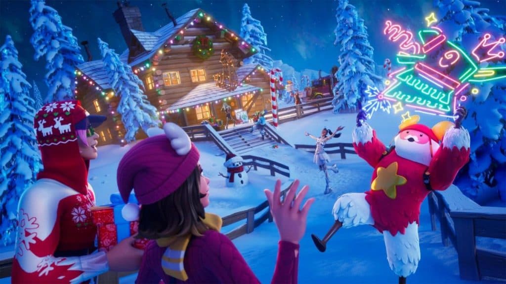 Personajes de Fortnite Winterfest cerca de la cabaña