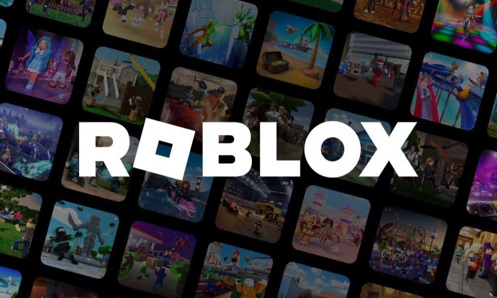 Logotipo de Roblox con varios juegos de Roblox de fondo