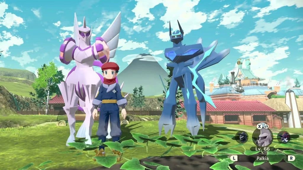 Entrenador Pokémon en Hisui con Palkia y Dialga Origin Forms