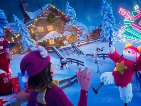 Fortnite Winterfest characters near cabin