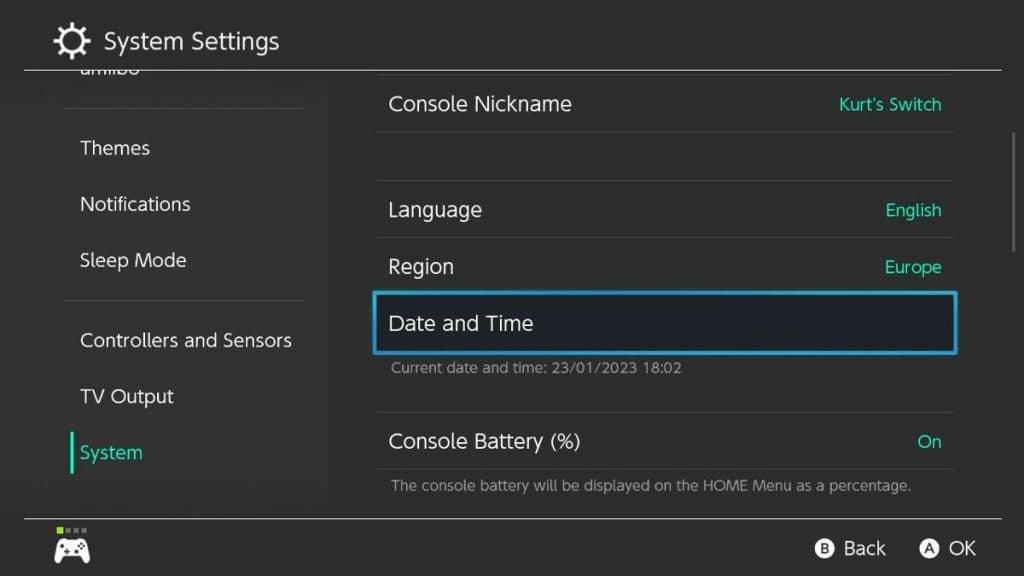 Configuración de fecha y hora de Nintendo Switch.
