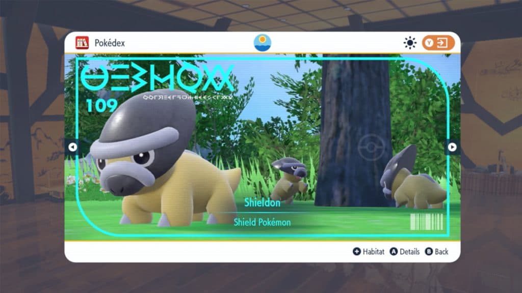 Entrada de Shieldon Pokedex en el DLC Pokémon Scarlet y Violet