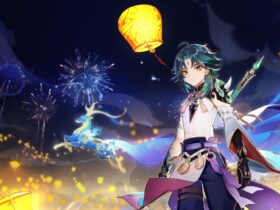 Xiao standing tall with lanterns behind him in Genshin Impact