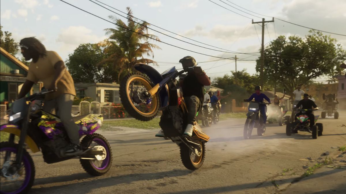 gta 6 character popping a wheelie on a dirt bike