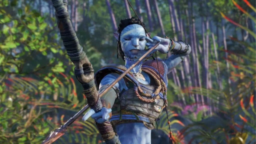 Personaje de Avatar Frontiers of Pandora disparando un arco