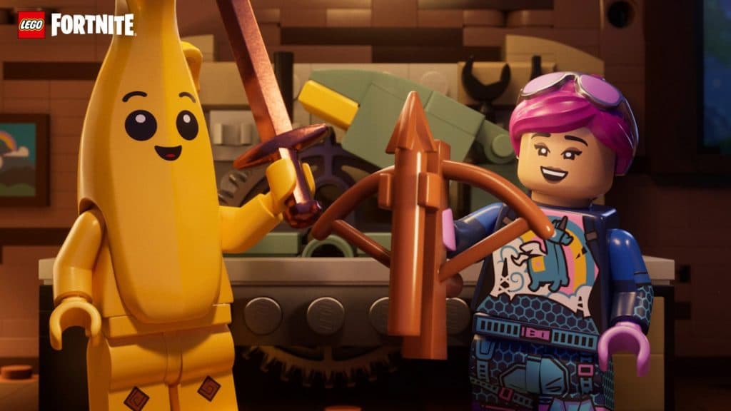 Personajes frente a un banco de artesanía en LEGO Fortnite