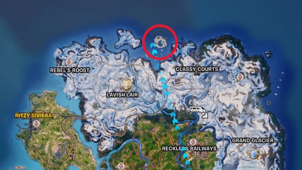 Isla Winterburg rodeada de un círculo en el mapa de Fortnite.