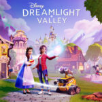 Disney Dreamlight Valley key art, showing the logo, a view of Dreamlight Valley with trees and buildings, and various Disney characters, including Belle, WALL-E, Stitch, and Mickey