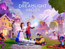 Disney Dreamlight Valley key art, showing the logo, a view of Dreamlight Valley with trees and buildings, and various Disney characters, including Belle, WALL-E, Stitch, and Mickey