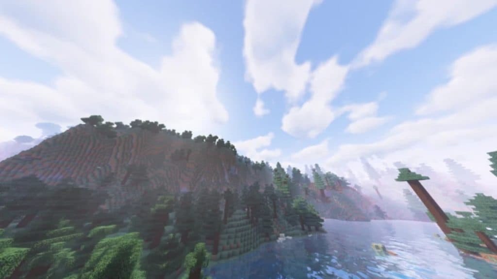 Montañas y un río mostrados con Solas Shaders en Minecraft.